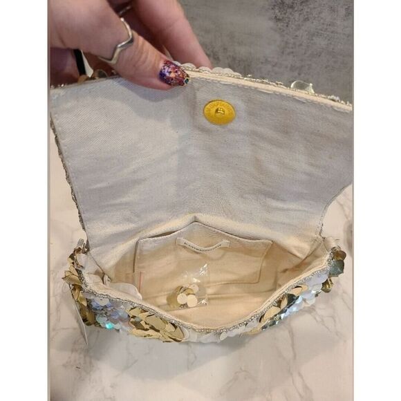 Anthropologie Sequined Crossbody Clutch, Neutral Colorway, Gold Chain | OS NWT - Picture 7 of 11